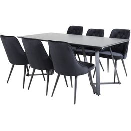 Ruokailuryhmä Venture Home, 180x90cm musta Marina-pöytä + 6 mustaa Velvet Deluxe -tuolia, sametti