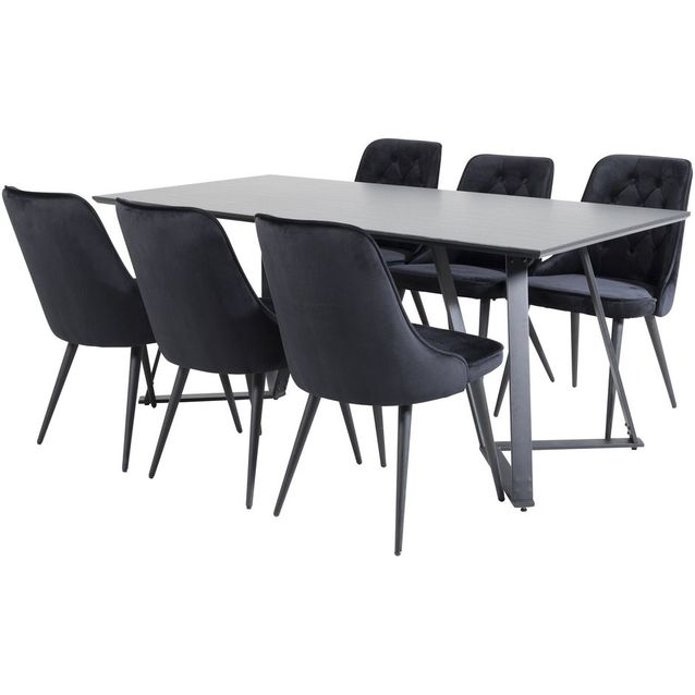 Ruokailuryhmä Venture Home, 180x90cm musta Marina-pöytä + 6 mustaa Velvet Deluxe -tuolia, sametti