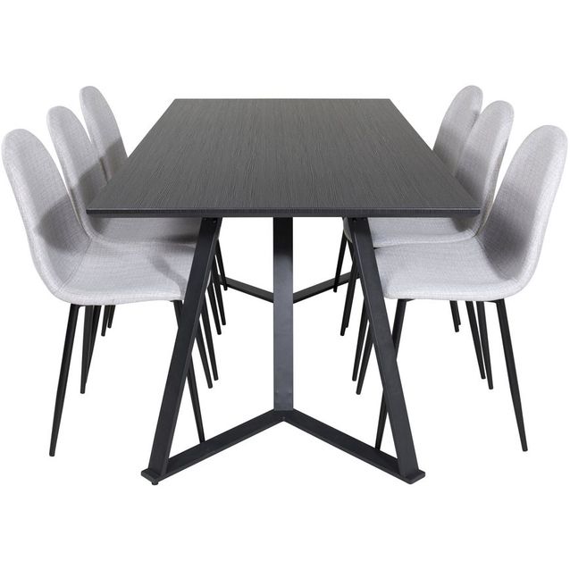 Ruokailuryhmä Venture Home, 180x90cm musta Marina-pöytä + 6 vaaleanharmaata Polar-tuolia