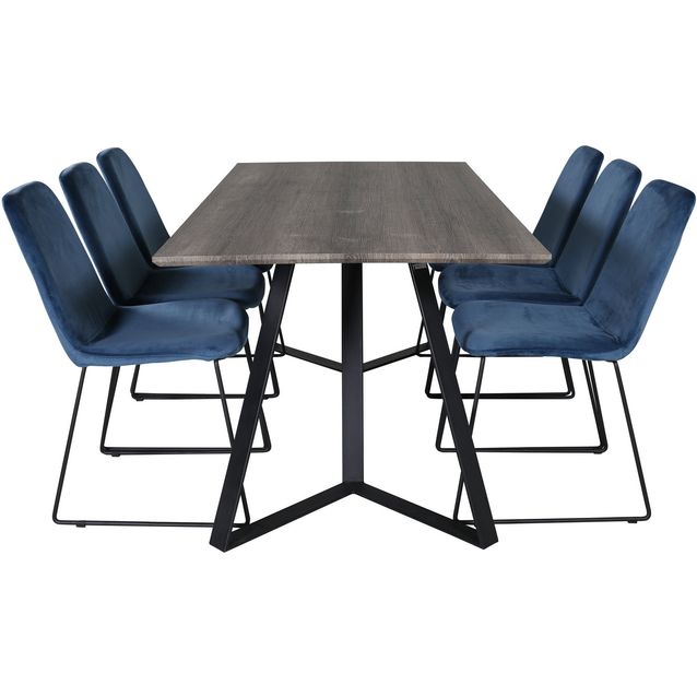 Ruokailuryhmä Venture Home, 180x90cm ruskea Marina-pöytä + 6 sinistä Muce-tuolia, sametti