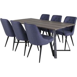Ruokailuryhmä Venture Home, 180x90cm harmaa/musta Marina-pöytä + 6 sinistä Velvet Deluxe -tuolia