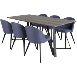 Ruokailuryhmä Venture Home, 180x90cm harmaa/musta Marina-pöytä + 6 sinistä Velvet-tuolia