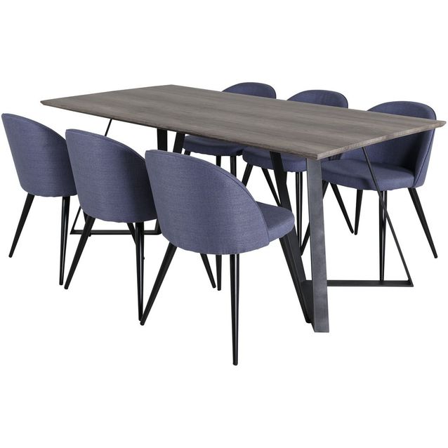 Ruokailuryhmä Venture Home, 180x90cm harmaa/musta Marina-pöytä + 6 sinistä Velvet-tuolia