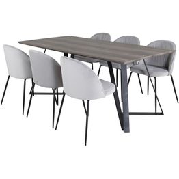 Ruokailuryhmä Venture Home, 180x90cm harmaa/musta Marina-pöytä + 6 harmaata Wrinkles-tuolia