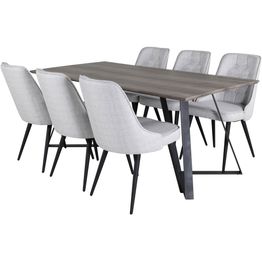 Ruokailuryhmä Venture Home, 180x90cm harmaa/musta Marina-pöytä + 6 harmaata Velvet Deluxe -tuolia
