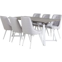 Ruokailuryhmä Venture Home, 180x90cm harmaa/valkoinen Marina-pöytä + 6 harmaa-valkoista Velvet Deluxe -tuolia
