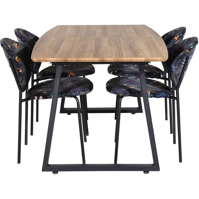 Jatkettava ruokailuryhmä Venture Home, 160/200x85cm pähkinänruskea Inca-pöytä + 4 mustaa Vault-tuolia