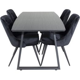 Ruokailuryhmä Venture Home, jatkettava musta Inca-pöytä + 4 mustaa Velvet Deluxe -tuolia, sametti