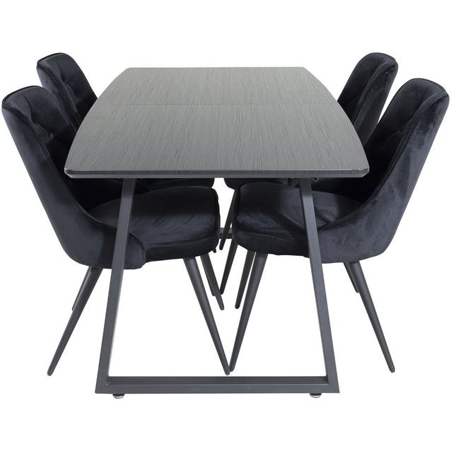 Ruokailuryhmä Venture Home, jatkettava musta Inca-pöytä + 4 mustaa Velvet Deluxe -tuolia, sametti