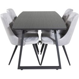 Ruokailuryhmä Venture Home, jatkettava musta Inca-pöytä + 4 vaaleanharmaata Velvet Deluxe -tuolia, sametti
