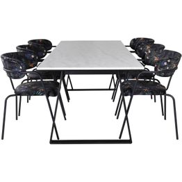 Ruokailuryhmä Venture Home, 200x90cm valkoinen Estelle-pöytä + 6 Arrow-tuolia, sametti