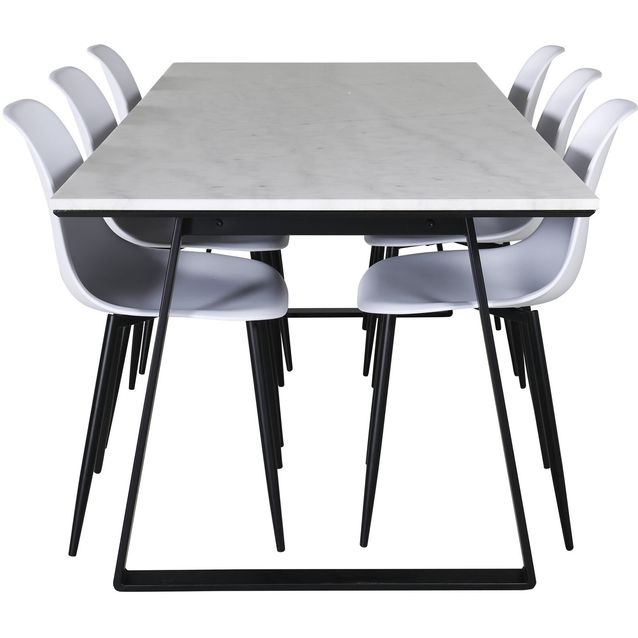 Ruokailuryhmä Venture Home, 200x90cm valkoinen Estelle-pöytä + 6 Polar-tuolia
