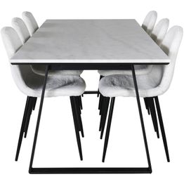 Ruokailuryhmä Venture Home, valkoinen 200x90cm Estelle-pöytä + 6 valkoista Polar-tuolia