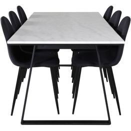 Ruokailuryhmä Venture Home, valkoinen 200x90cm Estelle-pöytä + 6 mustaa Polar-tuolia