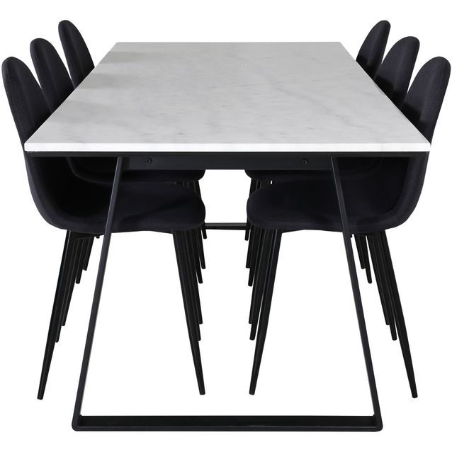 Ruokailuryhmä Venture Home, 200x90cm valkoinen Estelle-pöytä + 6 mustaa Polar-tuolia
