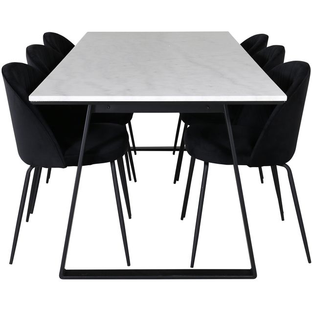 Ruokailuryhmä Venture Home, 200x90cm valkoinen Estelle-pöytä + 6 mustaa Wrinkles-tuolia, sametti