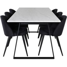 Ruokailuryhmä Venture Home, 200x90cm valkoinen Estelle-pöytä + 6 mustaa Velvet-tuolia