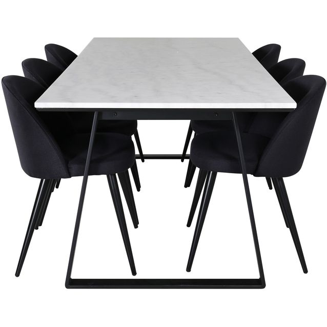 Ruokailuryhmä Venture Home, 200x90cm valkoinen Estelle-pöytä + 6 mustaa Velvet-tuolia