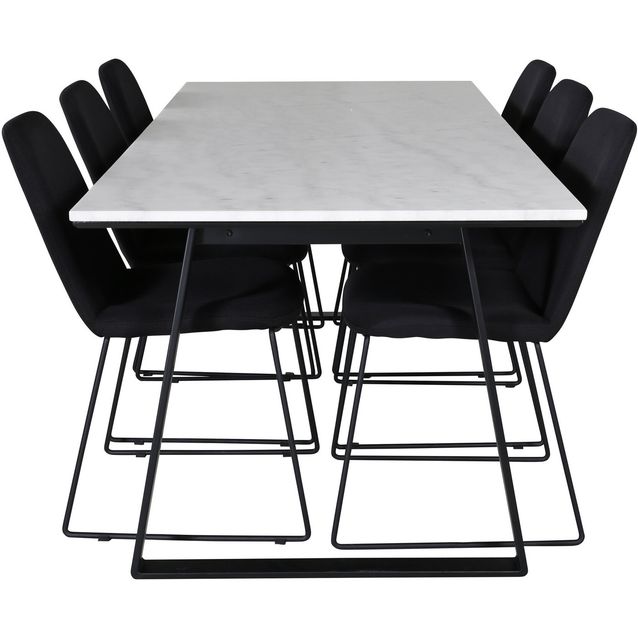 Ruokailuryhmä Venture Home, 200x90cm valkoinen Estelle-pöytä + 6 mustaa Muce-tuolia