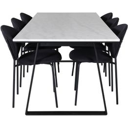 Ruokailuryhmä Venture Home, 200x90cm valkoinen Estelle-pöytä + 6 mustaa Vault-tuolia