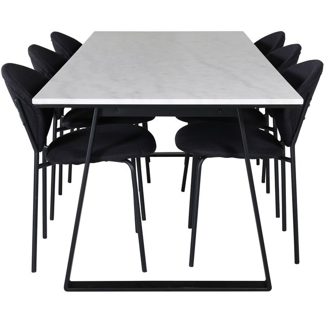 Ruokailuryhmä Venture Home, 200x90cm valkoinen Estelle-pöytä + 6 mustaa Vault-tuolia