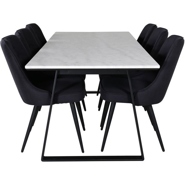 Ruokailuryhmä Venture Home, 200x90cm valkoinen Estelle-pöytä + 6 mustaa Velvet-tuolia Deluxe-tuolia