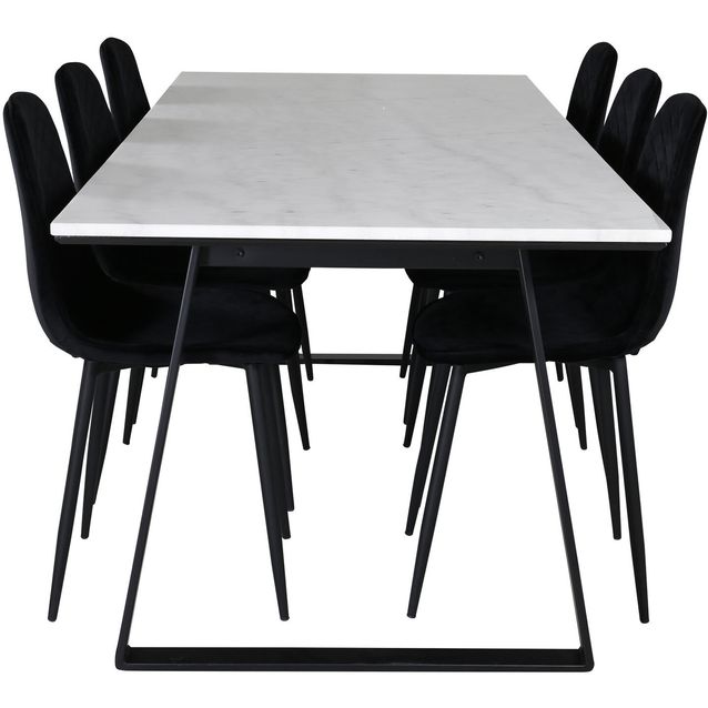 Ruokailuryhmä Venture Home, 200x90cm valkoinen Estelle-pöytä + 6 mustaa Polar-tuolia, sametti