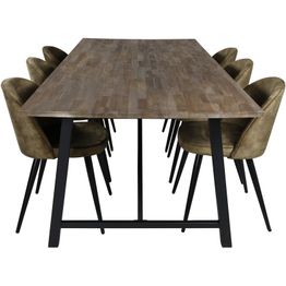 Ruokailuryhmä Venture Home, 250x100cm ruskea Malang-pöytä + 6 vihreää Velvet-tuolia, sametti
