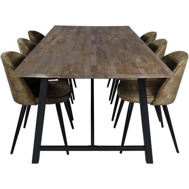 Ruokailuryhmä Venture Home, 250x100cm ruskea Malang-pöytä + 6 vihreää Velvet-tuolia, sametti