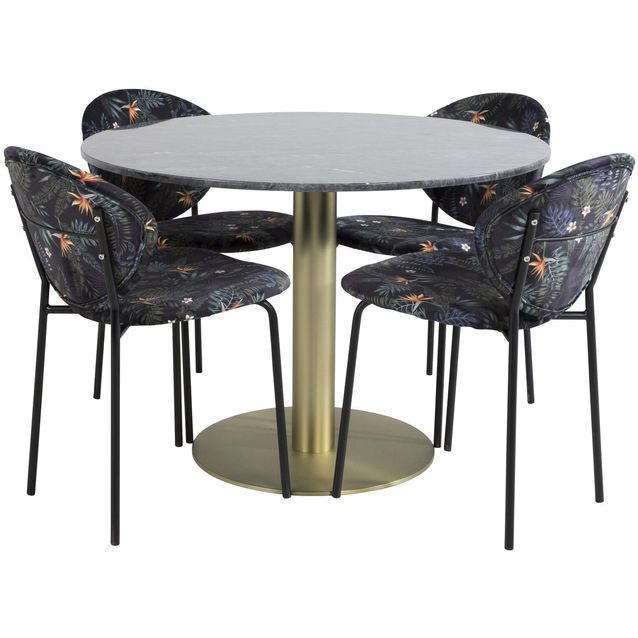 Pyöreä ruokailuryhmä Venture Home, Ø106cm tummanharmaa Estelle-pöytä + 4 mustaa Vault-tuolia