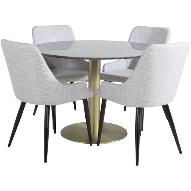 Ruokailuryhmä Venture Home, ⌀106cm musta/messinki Estelle-pöytä + 4 harmaata Plaza-tuolia