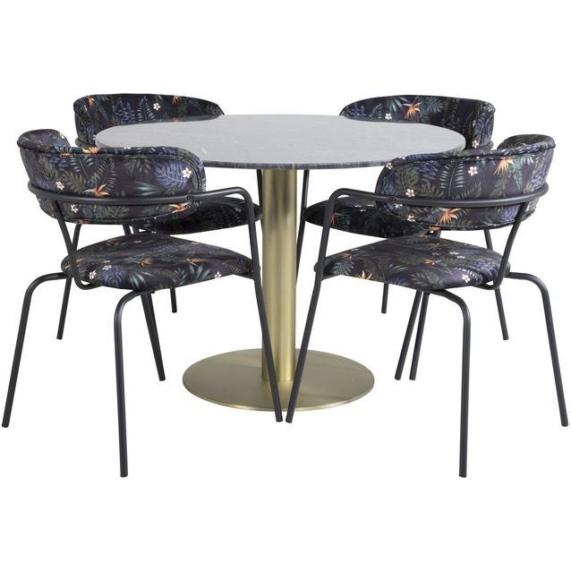 Pyöreä ruokailuryhmä Venture Home, Ø106cm tummanharmaa Estelle-pöytä + 4 mustaa Arrow-tuolia