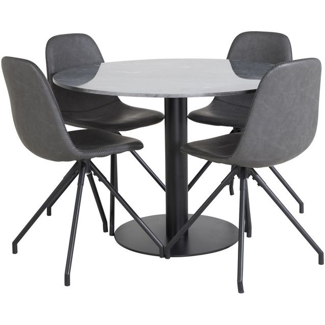Ruokailuryhmä Venture Home, ø106cm musta Estelle-pöytä + 4 pyörivää Polar-tuolia, musta keinonahka