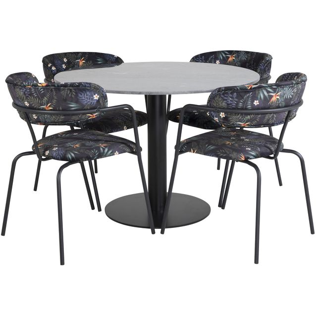 Pyöreä ruokailuryhmä Venture Home, Ø106cm tummanharmaa Estelle-pöytä + 4 mustaa Arrow-tuolia