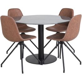 Ruokailuryhmä Venture Home, ø106cm musta Estelle-pöytä + 4 pyörivää Polar-tuolia, ruskea keinonahka