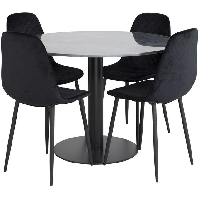 Ruokailuryhmä Venture Home, ø106cm musta Estelle-pöytä + 4 mustaa Polar Daimond -tuolia, sametti