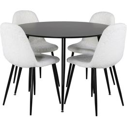 Ruokailuryhmä Venture Home, ⌀100cm musta Silar-pöytä + 4 valkoista Polar Fluff -tuolia