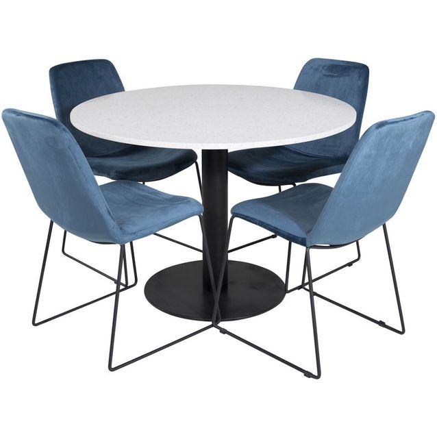 Ruokailuryhmä Venture Home, ⌀106cm valkoinen Razzia-pöytä + 4 sinistä Muce-tuolia, sametti