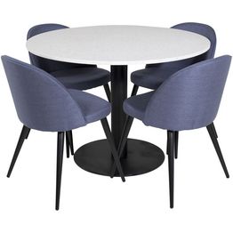 Ruokailuryhmä Venture Home, ⌀106cm valkoinen Razzia-pöytä + 4 sinistä Velvet-tuolia