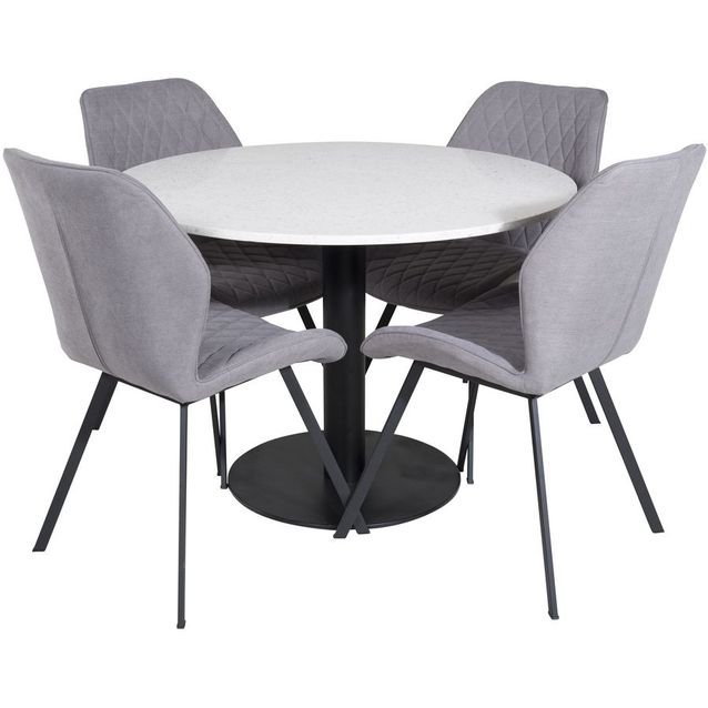 Ruokailuryhmä Venture Home, ⌀106cm valkoinen Razzia-pöytä + 4 harmaata Gemma-tuolia