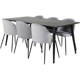 Ruokailuryhmä Venture Home, 180x90cm musta Dipp-pöytä + 6 harmaata Wrinkles-tuolia, sametti