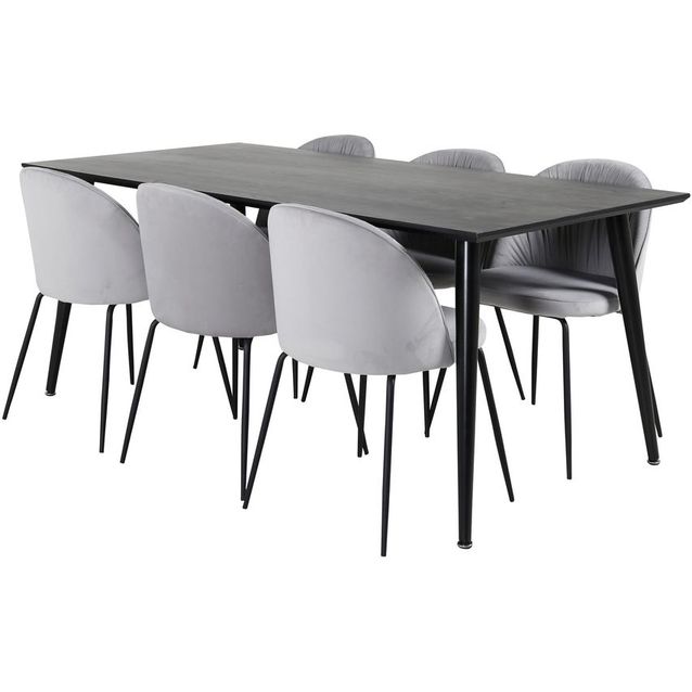 Ruokailuryhmä Venture Home, 180x90cm musta Dipp-pöytä + 6 harmaata Wrinkles-tuolia, sametti