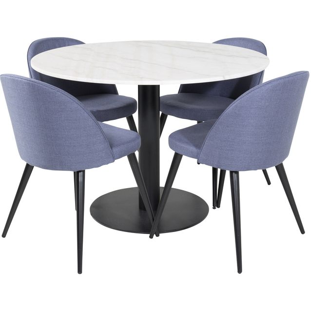 Pyöreä ruokailuryhmä Venture Home, Ø106cm valkoinen Estelle-pöytä + 4 sinistä Velvet-tuolia