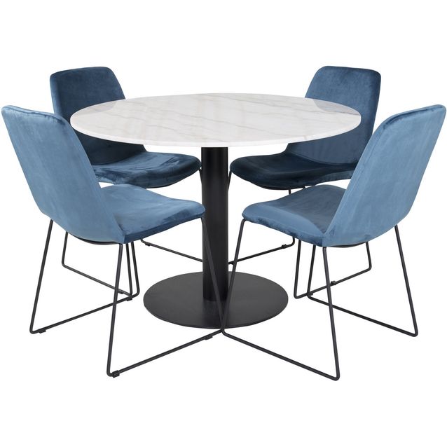Pyöreä ruokailuryhmä Venture Home, Ø106cm valkoinen Estelle-pöytä + 4 sinistä Muce-tuolia