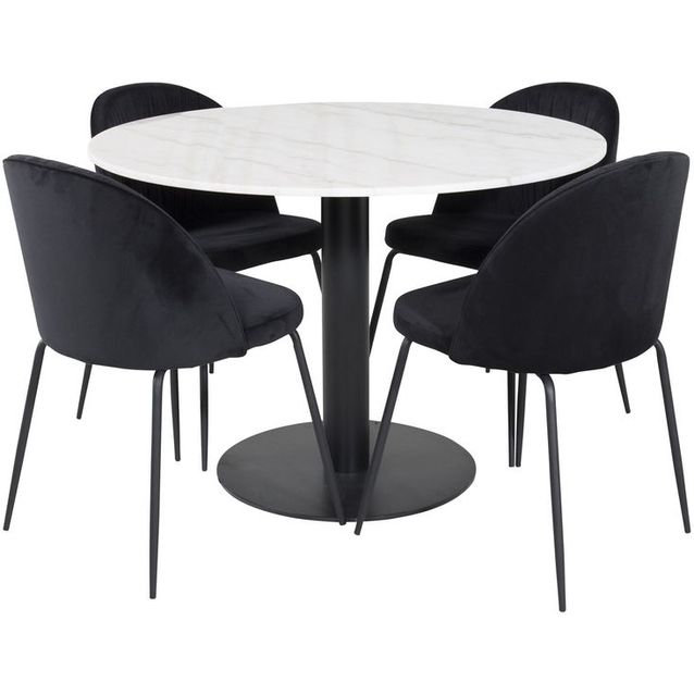 Ruokailuryhmä Venture Home, ⌀106cm valkoinen Estelle-pöytä + 4 mustaa Wrinkles-tuolia, sametti