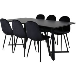 Ruokailuryhmä Venture Home, 180x90cm musta Marina-pöytä + 6 mustaa Polar-tuolia, sametti