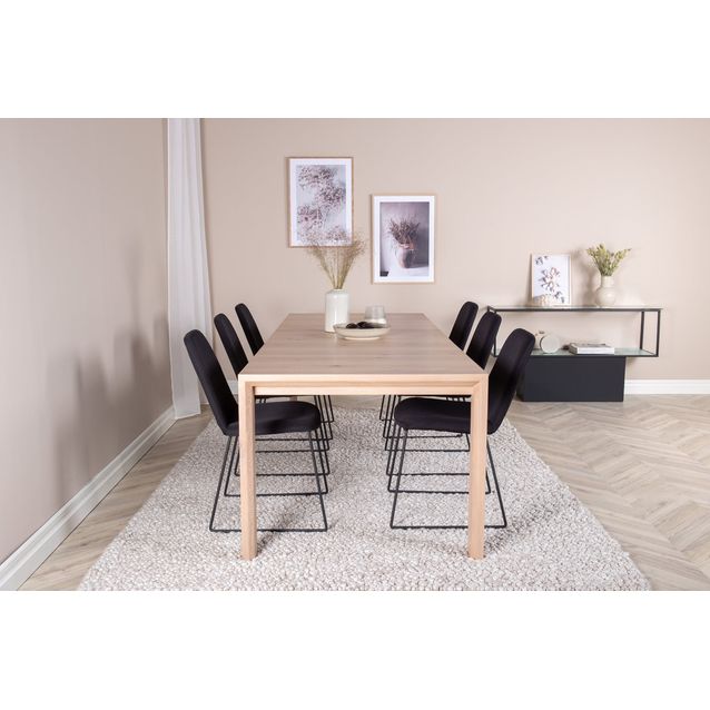 Jatkettava ruokailuryhmä Venture Home, 170/250x95cm vaalea Slider-pöytä + 6 mustaa Muce-tuolia