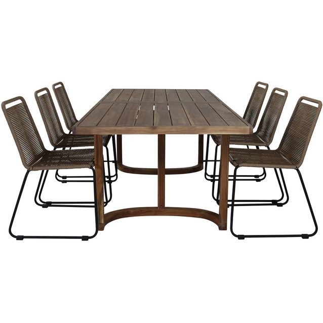 Ruokailuryhmä Venture Home, 214x100cm Erica-pöytä + 6 ruskeaa, pinottavaa Lindos-tuolia