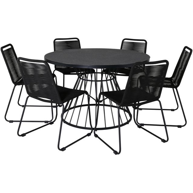 Ruokailuryhmä Venture Home, ⌀120cm harmaa/musta Tropea-pöytä + 6 mustaa, pinottavaa Lindos-tuolia