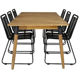 Ruokailuryhmä Venture Home, 210x100cm Julian-pöytä + 6 mustaa, pinottavaa Lindos-tuolia